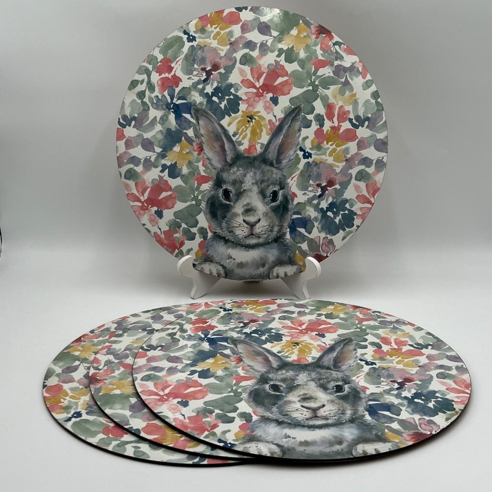 Set Of 4 Cork Placemats Floral With Bunny 14" Rabbit Spring Easter Tablesetting